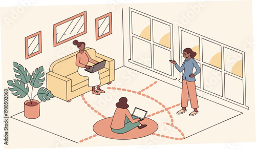 Remote team collaboration with coworkers working from home on laptops in a modern living room with a plant and large windows