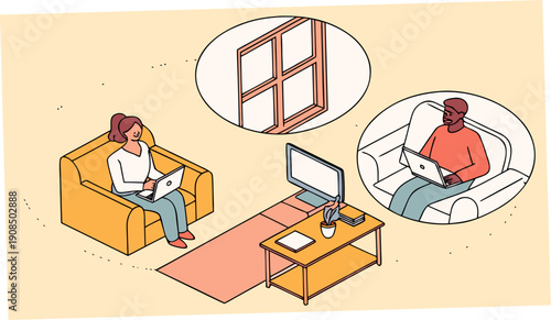 Remote teamwork illustration of business colleagues collaborating online from home using laptops and video call on computer working together in virtual office environment