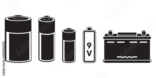 Battery types collection vector illustration, includes AA, AAA, C, D, 9-volt batteries, black and white icons, energy storage concept