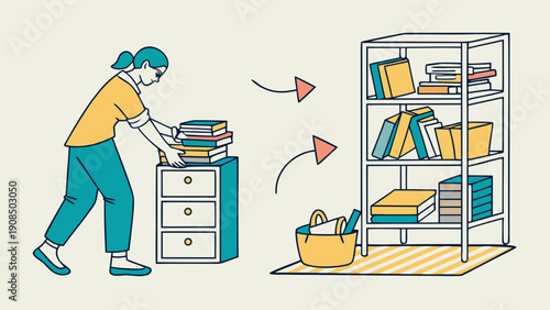 Woman organizing books on a shelf decluttering and rearranging her room with a basket of items