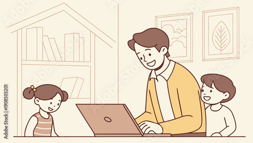Father working from home on laptop with happy children