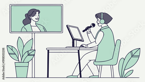 Woman working from home on laptop with microphone and headset video conferencing on large screen with another woman surrounded by plants in a minimalist green and white room