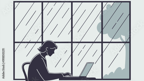 Person working from home on laptop by rainy window with tree outside