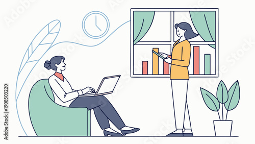 Remote team collaboration at home with woman on laptop and colleague presenting data