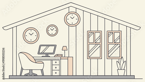 Remote worker's cozy home office with multiple clocks on wall showing different time zones symbolizing global work connections