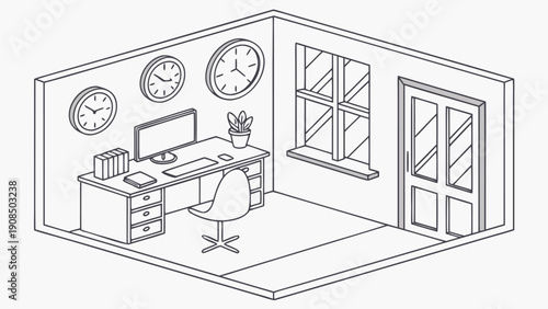 Remote office workspace with clocks on wall and computer desk