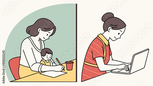 Remote working mother multitasking with child at home balancing work and family life with video call