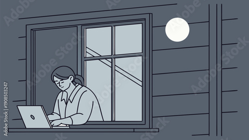Night shift worker typing on laptop by moonlit window at home office desk