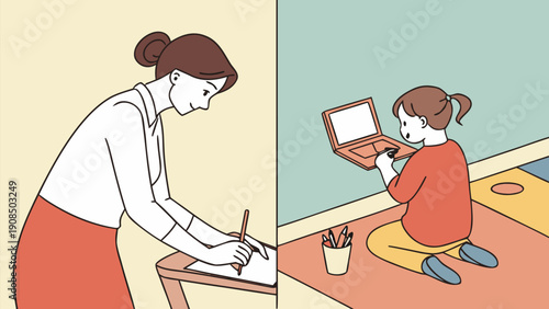 Remote work and homeschooling a mother video calls while her child learns at home with digital tablet