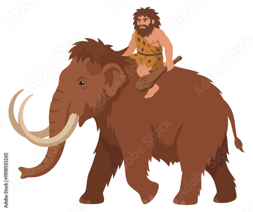 Cartoon caveman with wooden club riding woolly mammoth prehistoric scene isolated in side view, vector illustration