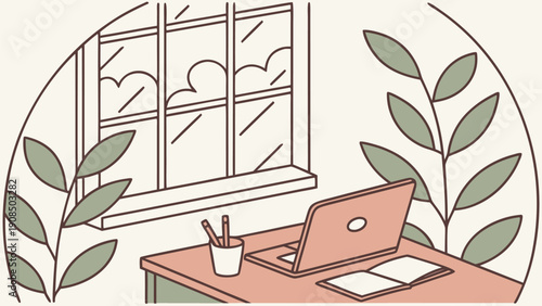 Productive home workspace with laptop and checklist on desk by window with plants