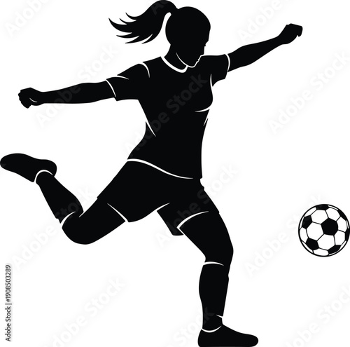 Female soccer player silhouette kicking ball, women football action pose, dynamic sport illustration isolated on white background vector