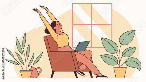 Woman stretching while working from home on laptop in comfortable living room with plants