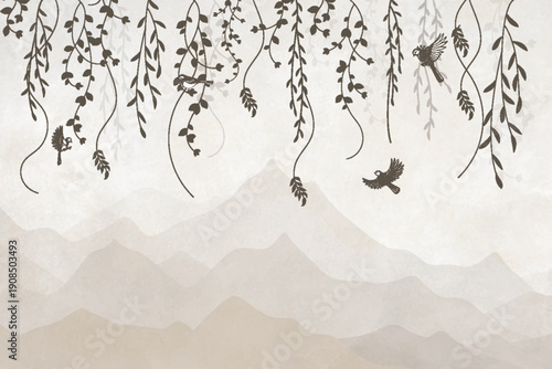 Hanging wall art design leaves, mountain, and bird off white background 
