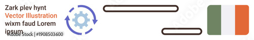 Workflow process, national identity, automation system, technology workflow, Ireland theme, software processes. Gear and rotation arrows near an Irish flag graphic. Workflow and national identity