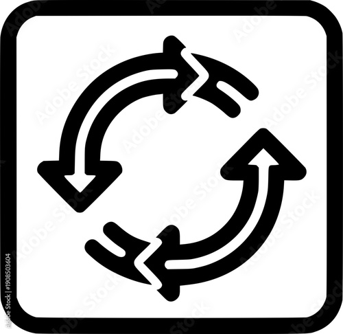 Circular flow Concept: A bold, minimalist icon of two arrows rotating in opposite directions within a square border. Symbolic of renewal and process. 