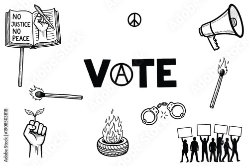 Protest and activism symbols including vote, peace sign, and justice slogans vector illustration