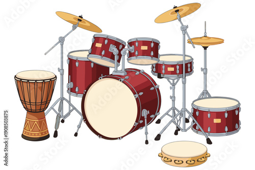 Realistic Illustration of a Red Drum Set and Percussion Instruments snare drum bass drum