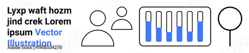 Minimalist icons of user profiles, bar graph with blue details, and magnifying glass for emphasis. Ideal for data analysis, business strategy, team collaboration, report design, market research