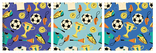 Soccer seamless pattern set with footballs, trophies and sports equipment on colorful backgrounds. Football championship symbols repeat texture.