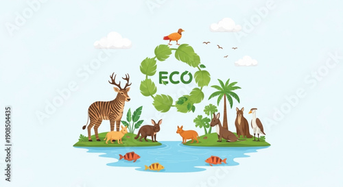 Eco friendly island with animals and recycling symbol