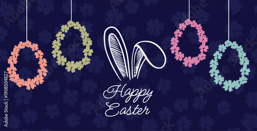 Rabbits's ears and blue egg with flowers, Happy Easter. Hand drawn illustration.