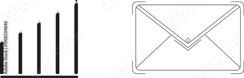 A simple black and white illustration of email statistics and an envelope.