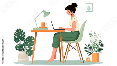 Woman Working Laptop Home White Background