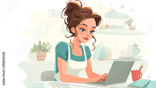 Woman Working Laptop Home White Background