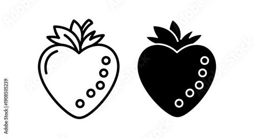 Strawberry icon, shaped like a heart with seeds, in outline and solid styles