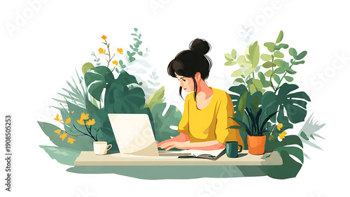 Woman Working Laptop Home White Background