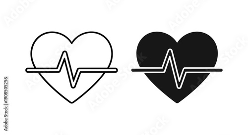 Heartbeat or cardiogram icon within a heart shape, in outline and solid styles