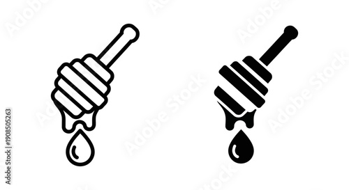 Honey dipper with dripping honey icon, outlined and filled, for sweet natural food