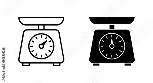 Kitchen scale icon with dial, outlined and solid, for weighing food and ingredients