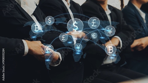 Foto Dynamic image of business professionals in suits discussing digital currencies, symbolizing a modern financial network and investment opportunities
