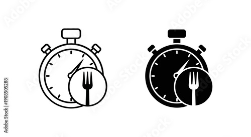 Stopwatch with fork icon, outlined and solid, symbolizing mealtime and cooking timer