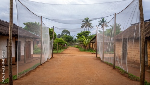 Disease Carrier Species A dirt pathway flanked by netted poles and rustic buildings with tropical trees in the background under a cloudy sky.