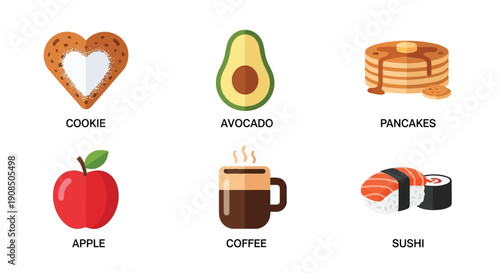 Colorful flat lay illustration of various breakfast and snack foods