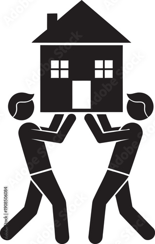 Two people moving house, carrying a house together, symbolizing relocation and teamwork