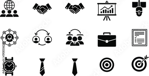 A collection of black and white business icons displays corporate concepts including teamwork, finance, and professional attire on a white.