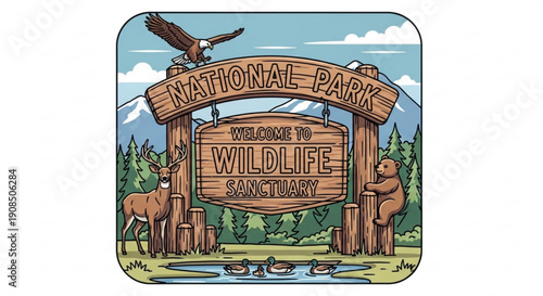 National park wildlife sanctuary sign with animals and eagle