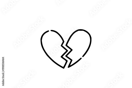 A stylized black and white illustration of a heart shape that has been broken in half down the middle, symbolizing heartbreak and sadness