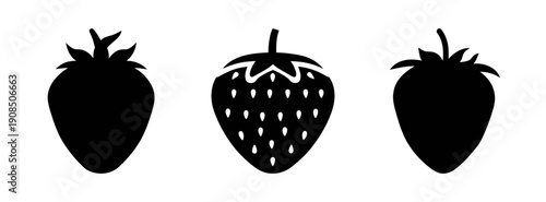 Three black strawberry silhouette vector illustration for summer fruit design and healthy food concept
