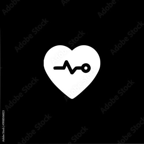 A white heart icon with a cardiogram line inside it, symbolizing health, cardiology, and vital signs on a black background