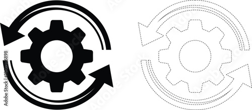Minimalist Gear and Arrows Icon, Continuous Workflow, Flat Vector on White Background