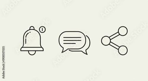 Three minimalist line icons representing digital notifications, messages, and sharing functionalities on a light background.