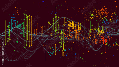 Colorful Data Visualization With Abstract Waveforms And Dots On Dark Background