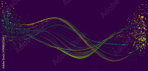 Colorful Vector Waves: Abstract Green And Yellow Lines Flow Across Dark Purple Background