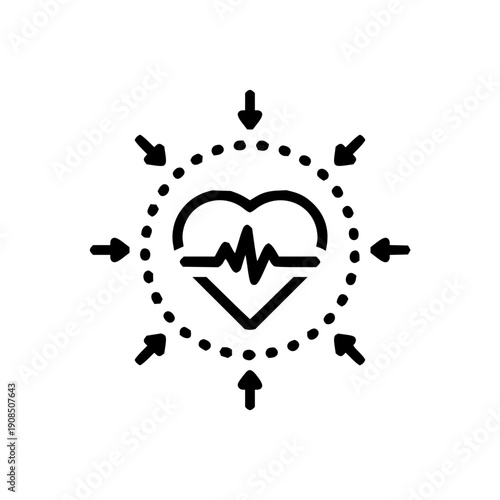 Conceptual illustration of heart health, well-being, and medical care, represented by a cardiogram within a dotted circle with surrounding arrows