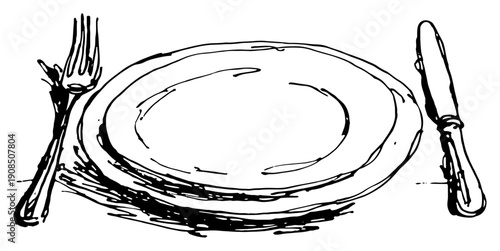 Empty dinner plate with fork and knife cutlery hand drawn sketch vector illustration for restaurant menu design